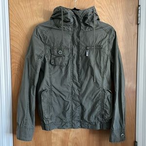 Joujou Green Jacket size Medium, full zip, and button closure, hood